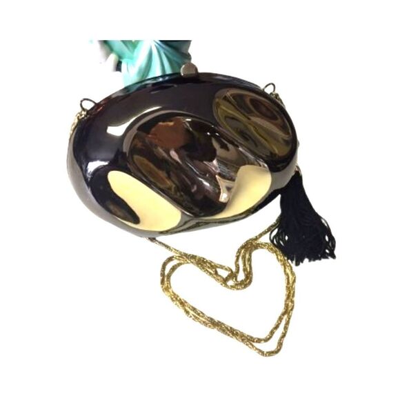 Vintage Brown Metallic Oval Clutch Purse Bag Gold Chain Strap Tassel Elegant
